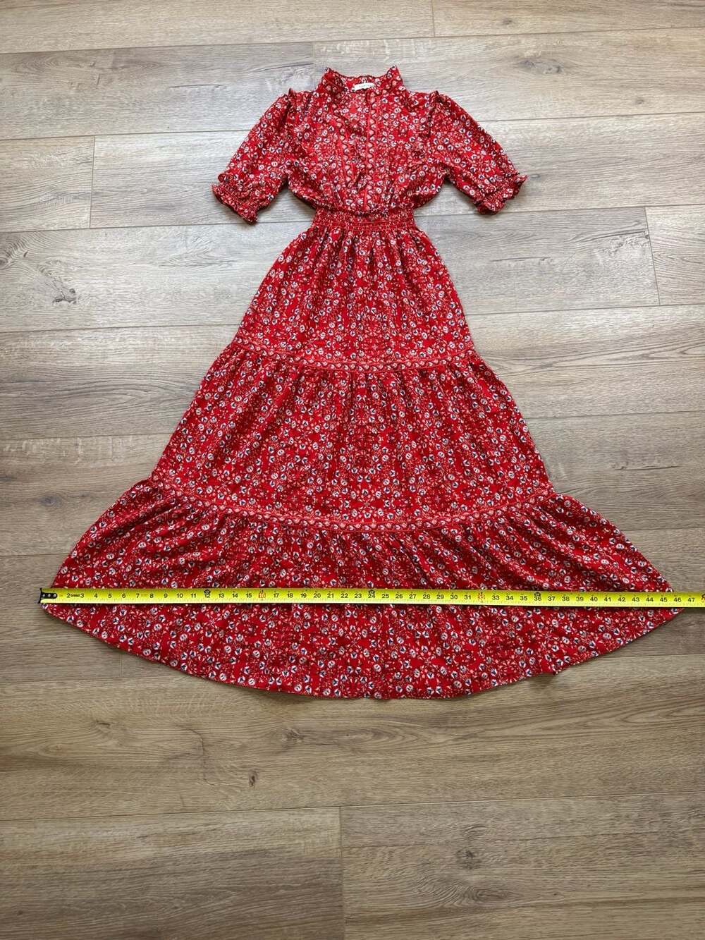 Max Studio Red Floral Tiered Maxi Dress Smocked Waist Boho Cottagecore S - Picture 9 of 14
